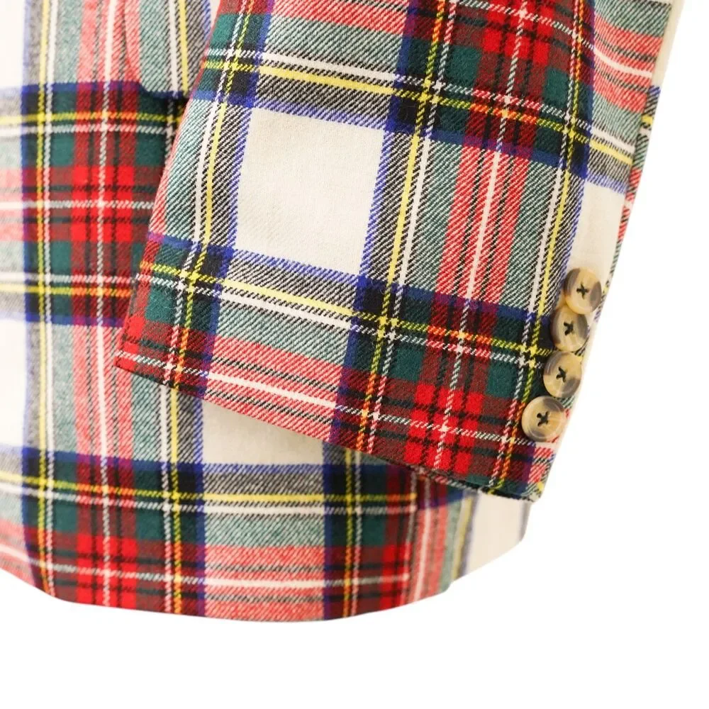 Mens 46R Lambswool Plaid Blazer Sport Coat Ivory Red Green Tartan Jacket Wedding